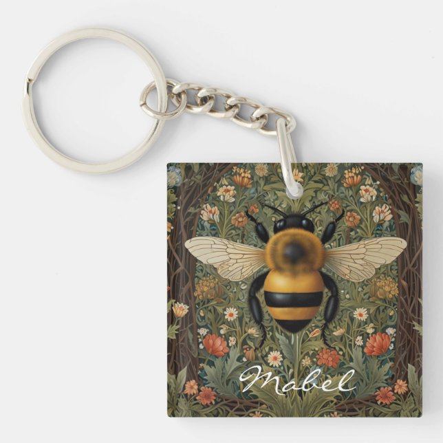 Porte-clefs Elégant rétro bumblebee boho botanique floral art (Devant)