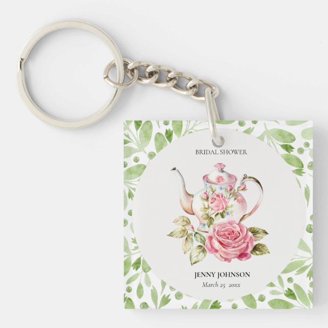 Porte-clefs Élégant Rose Vert Floral Fleurs Mariage (Devant)