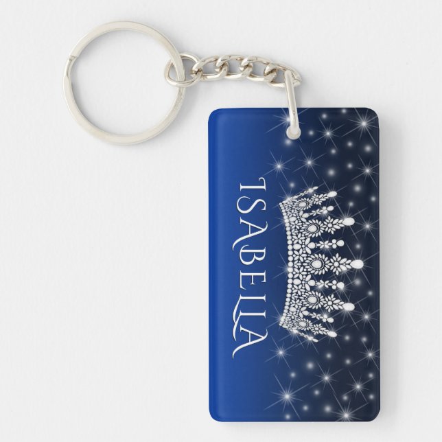 Porte-clefs Elegant Sparkly Crown & Stars Royal Blue Monogram (Devant)