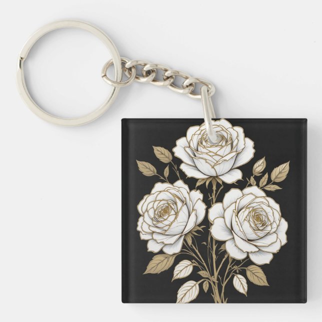 Porte-clefs Elegant White & Gold Floral Rose Keychain – Luxury (Devant)