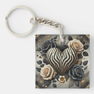 Porte-clefs Elégant Zebra Print Heart & Rose