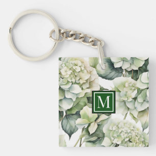 Porte-clefs Elégante aquarelle blanche vert hydrangée florale