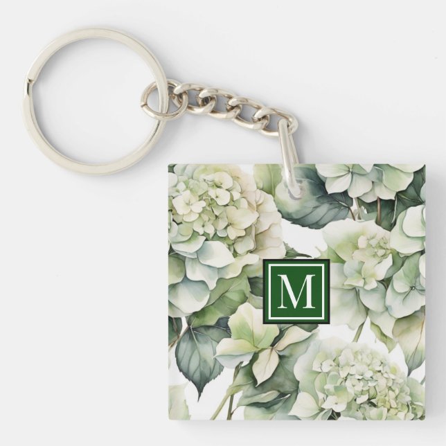 Porte-clefs Elégante aquarelle blanche vert hydrangée florale (Devant)