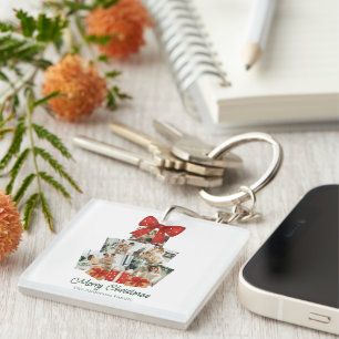 Porte-clefs Elégante aquarelle Bow rouge famille sapin de Noël