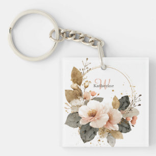Porte-clefs Élégante couronne de fleurs rose et or, Nom person
