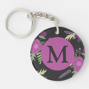 Porte-clefs Élégante Fleurs violettes Art sur Monogramme noir