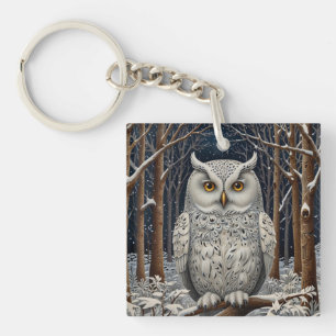 Porte-clefs Élégante forêt d'hiver de chouette blanche boho