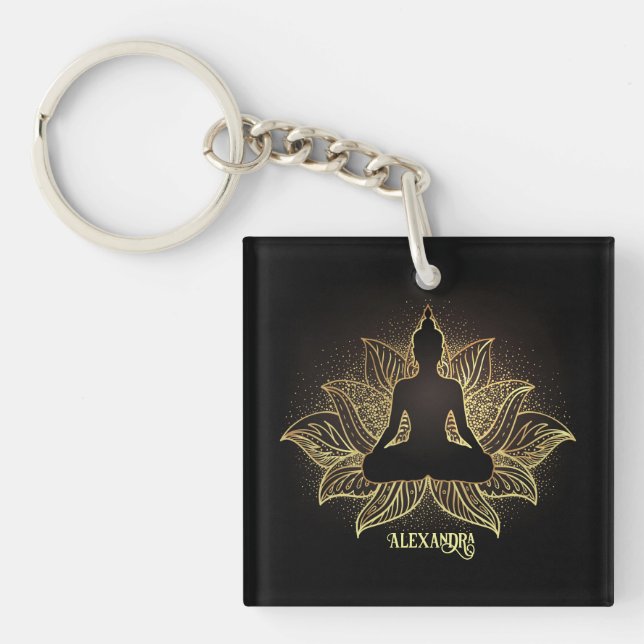 Porte-clefs Elégante Méditation Bouddha d'or noir Lotus Flower (Devant)