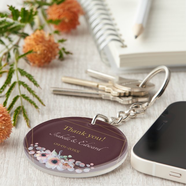 Porte-clefs Élégantes Fleurs d'Anémone Rouge Marsala Mariage (Devant Droit)