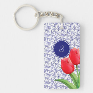 Porte-clefs Élégantes Tulipes Rouges Printemps Floral Blue Mon