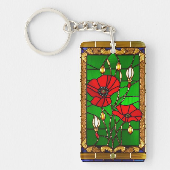 Porte-clefs Élégants vitraux fleurs rouges (Devant)