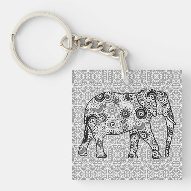 Porte-clefs Éléphale tourbillon fractal - gris, noir et blanc (Devant)