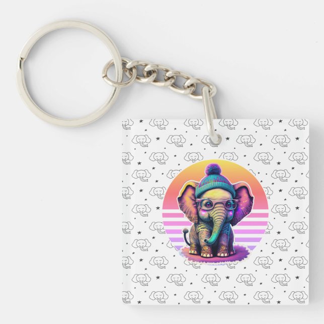 Porte-clefs Eléphant bébé mignon avec lunettes et Beanie (Devant)