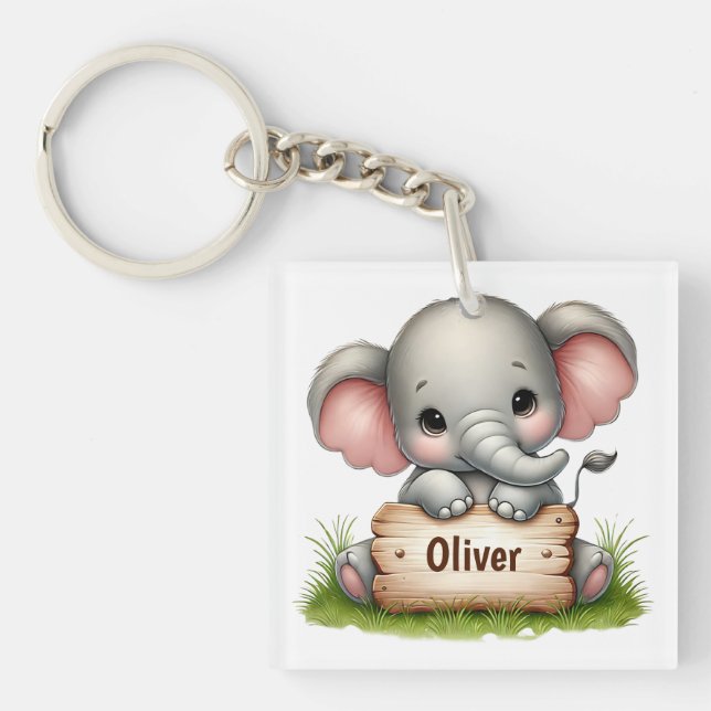 Porte-clefs Éléphant de bébé mignon tenant un panneau de nom (Devant)