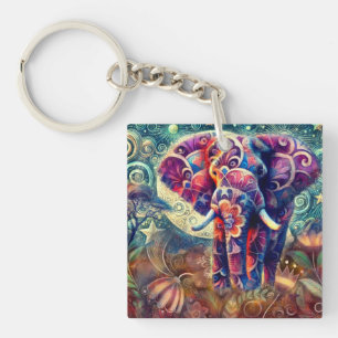 Porte-clefs Éléphant Fantaisiste la Nuit Bleu Violet Étoiles L