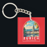 Porte-clefs Emblème d'art de voyage de Zurich Suisse<br><div class="desc">Design de voyage vectoriel rétro de Zurich. Les ruelles pittoresques du centre d'Altstadt (vieille ville),  de part et d'autre de la rivière Limmat,  reflètent son histoire d'avant-Moyen-Age.</div>