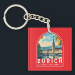 Porte-clefs Emblème d'art de voyage de Zurich Suisse<br><div class="desc">Design de voyage vectoriel rétro de Zurich. Les ruelles pittoresques du centre d'Altstadt (vieille ville),  de part et d'autre de la rivière Limmat,  reflètent son histoire d'avant-Moyen-Age.</div>