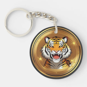 Porte-clefs Emblème de tête de tigre sur fond circulaire doré