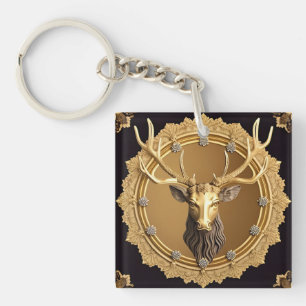 Porte-clefs Emblème élégant de cerf doré avec cadre orné