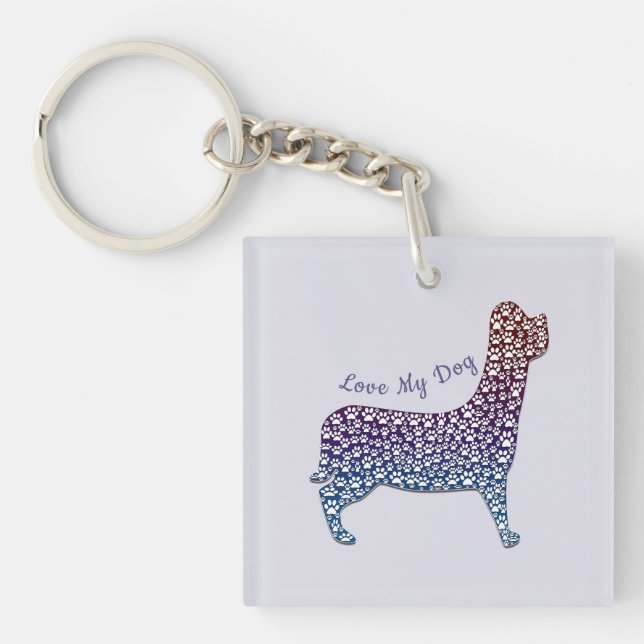 Porte-clefs Embossed Indigo Gradient Paw Print Dog Outline (Devant)