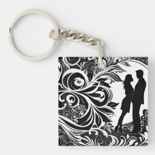 Porte-clefs Embrasser romantique Blanc & Noir Floral Silhouett