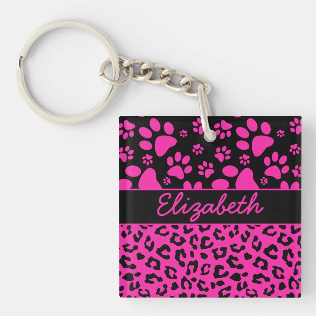 Porte-clefs Empreinte de léopard rose et noir et pattes (Devant)