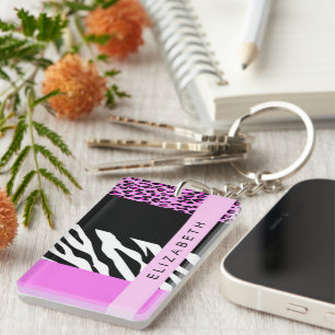 Porte-clefs Empreinte de léopard, Zebra Print, Rose, Votre nom