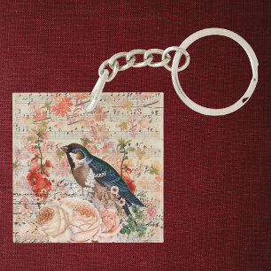 Porte-clefs Ephémère musicale vintage Orange Blue Floral Bir