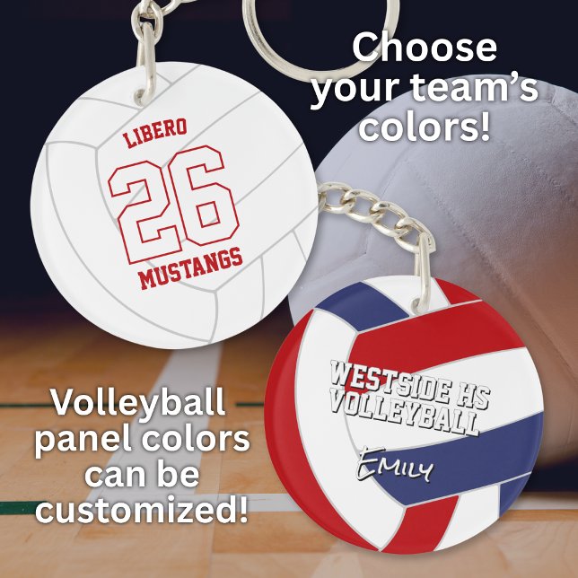 Porte-clefs équipe de volley esprit rouge bleu ou N'IMPORTE QU (front & back views -- easily customize the volleyball's colors to match your team's colors)