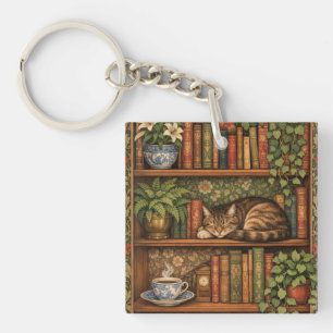 Porte-clefs Étagère à livres vintage avec chat et café