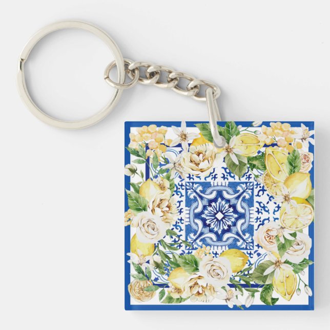 Porte-clefs Été Méditerrannée citron et fleurs imprimés (Devant)