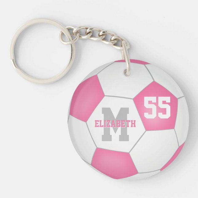 Porte-clefs étiquette de sac de football rose blanc gris (Devant)