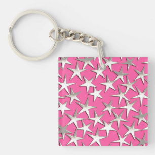 Porte-clefs Étoiles d'argent sur fuchsia rose