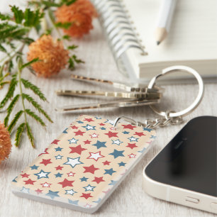 Porte-clefs Étoiles rouges et bleues, 4 juillet, fond beige