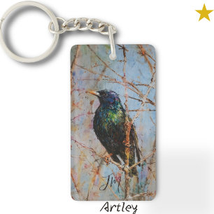 Porte-clefs European Starling Bird Peinture Initiales Personna