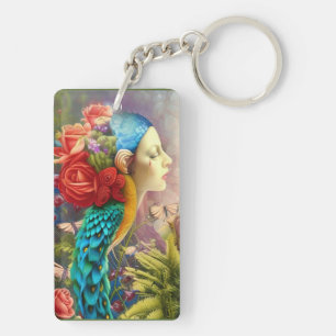 Porte-clefs Face féminine avec plumes florales et paon