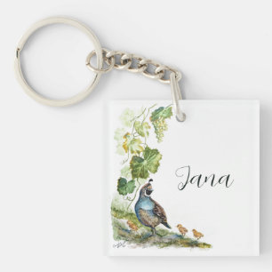 Porte-clefs Famille de Cailles de Californie à l'aquarelle per