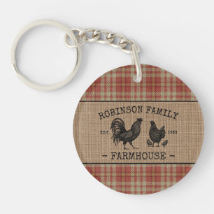 Porte-clefs Famille Ferme Vintage Rouge Plaqué Burlap 2 Côt