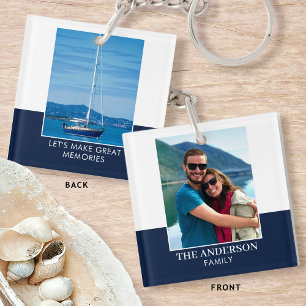 Porte-clefs Famille Moderne Nom Personnalisé 2 Photo Navy