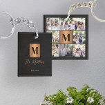 Porte-clefs Famille Monogramme photo collage<br><div class="desc">Design moderne monogrammed initial et signature script nom de famille personnalisé 8 photo grille collage gardien porte - clé avec un faux carré en cuivre d'or métallique avec lettre initiale sur un côté et 8 photos sur le côté arrière sur un élégant arrière - plan en cuir noir (TEXTURE IMPRIMÉE)....</div>