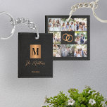Porte-clefs Famille Monogramme photo collage<br><div class="desc">Design moderne monogrammed initial et signature script nom de famille personnalisé 8 photo grille collage porte - clé de conservation avec un faux carré en cuivre or métallique avec lettre initiale sur un côté et 8 photos avec anneaux mariage sur le côté arrière sur un élégant arrière - plan en...</div>