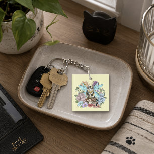Porte-clefs Fantaisie Pastel Chat Féerique Tigré Floral