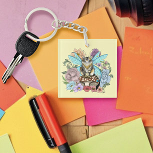 Porte-clefs Fantaisie Pastel Chat Féerique Tigré Floral