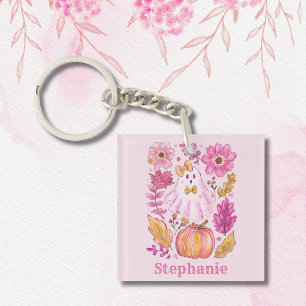 Porte-clefs Fantôme de Halloween rose pastel avec nom personna