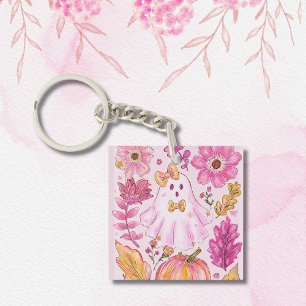 Porte-clefs Fantôme pastel rose d'Halloween avec des fleurs et