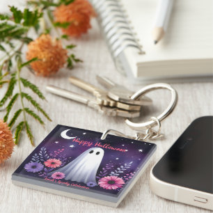 Porte-clefs Fantôme Whimsical et Éffrayant Floral rose violet