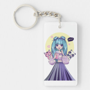 Porte-clefs Fashionista : Fille aux Cheveux Bleus avec Panda e