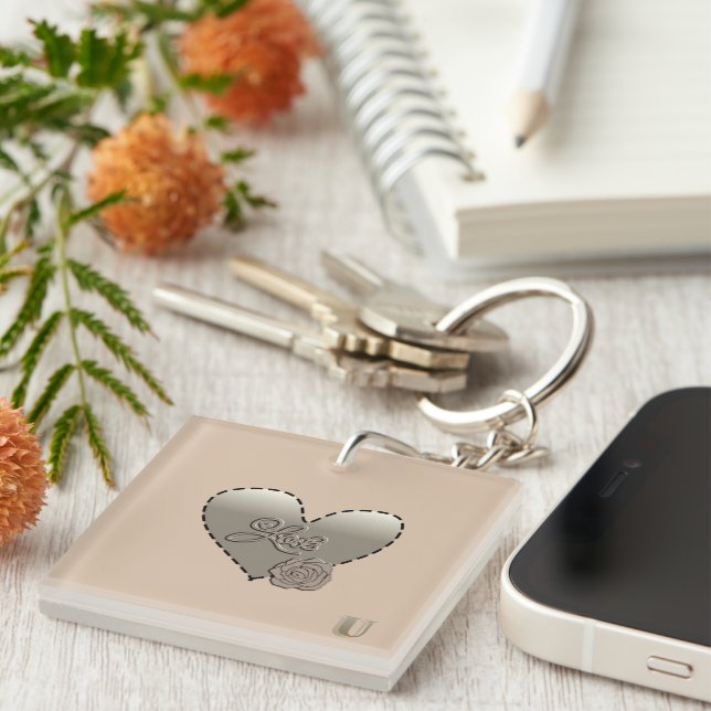 Porte-clefs Faux Beveled Love U & Rose Champaign (Devant Droit)