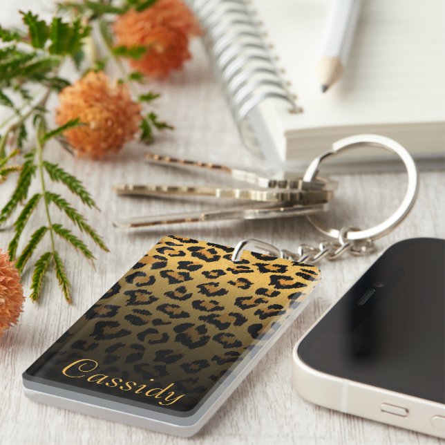 Porte-clefs Faux Fur Wild Leopard Print with Gold Name (Devant droit)