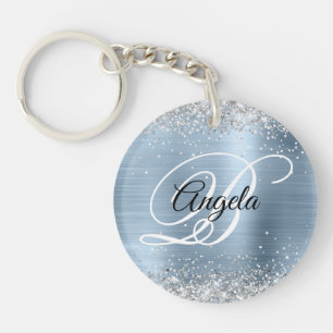 Porte-clefs Faux Pailleté Argent Paillettes Bleu Feuille Monog